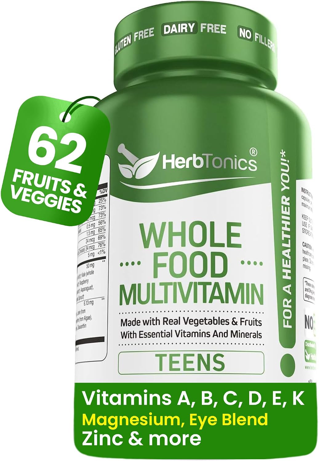 Herbtonics Whole Food Teen Vitamins – Multivitamin for Boys &amp; Girls Ages 12–18 – Energy, Focus &amp; Immune Support – 60 Capsules - görsel 1