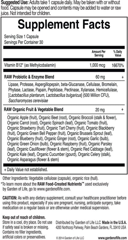 Garden of Life Vitamin Code RAW B-12 1000 µg - 30 Vegetarian Capsules