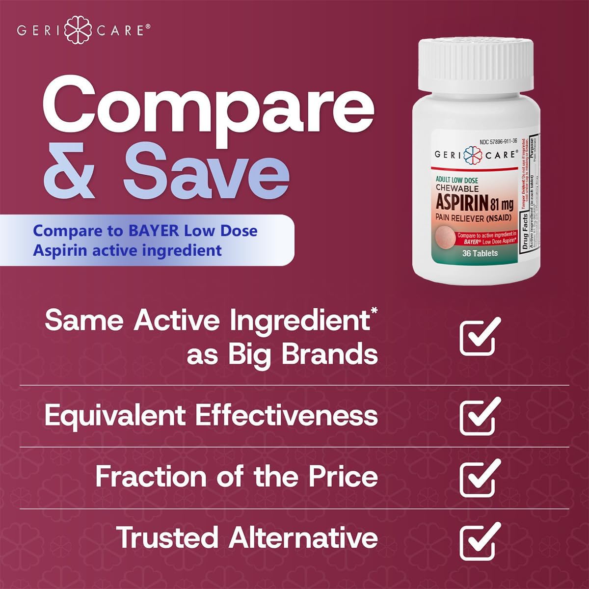 GeriCare Low Dose Adult Chewable Aspirin 81mg, Pain Reliever, Fever Reducer, 36 Tablets - görsel 4
