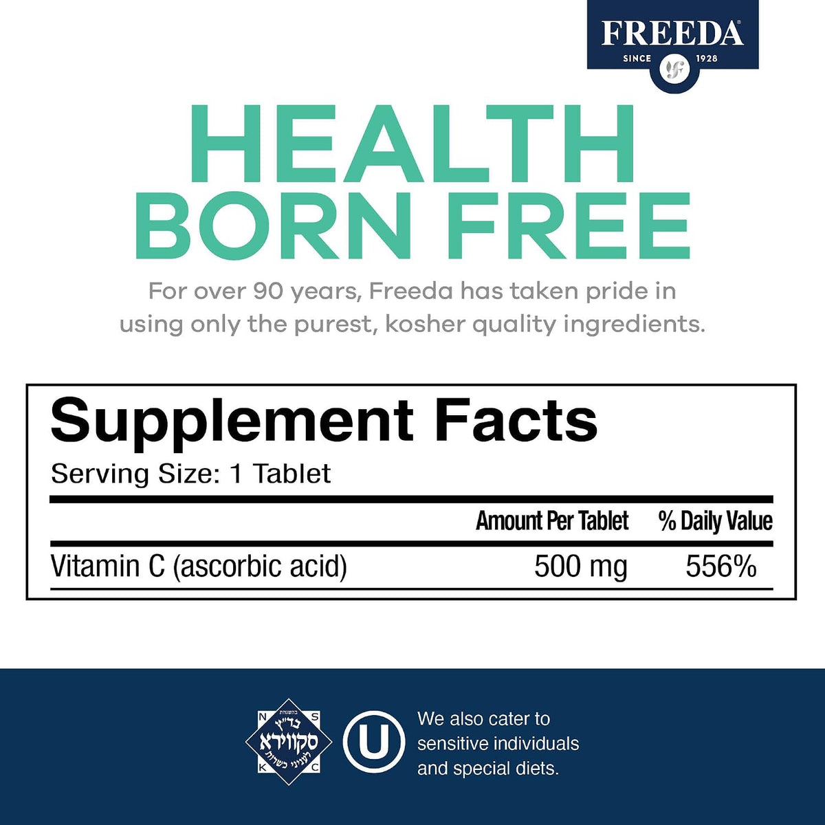 FREEDA Vegan Vitamin C 500mg - Kosher & Antioxidant Supplement - 250 Tablets - görsel 3