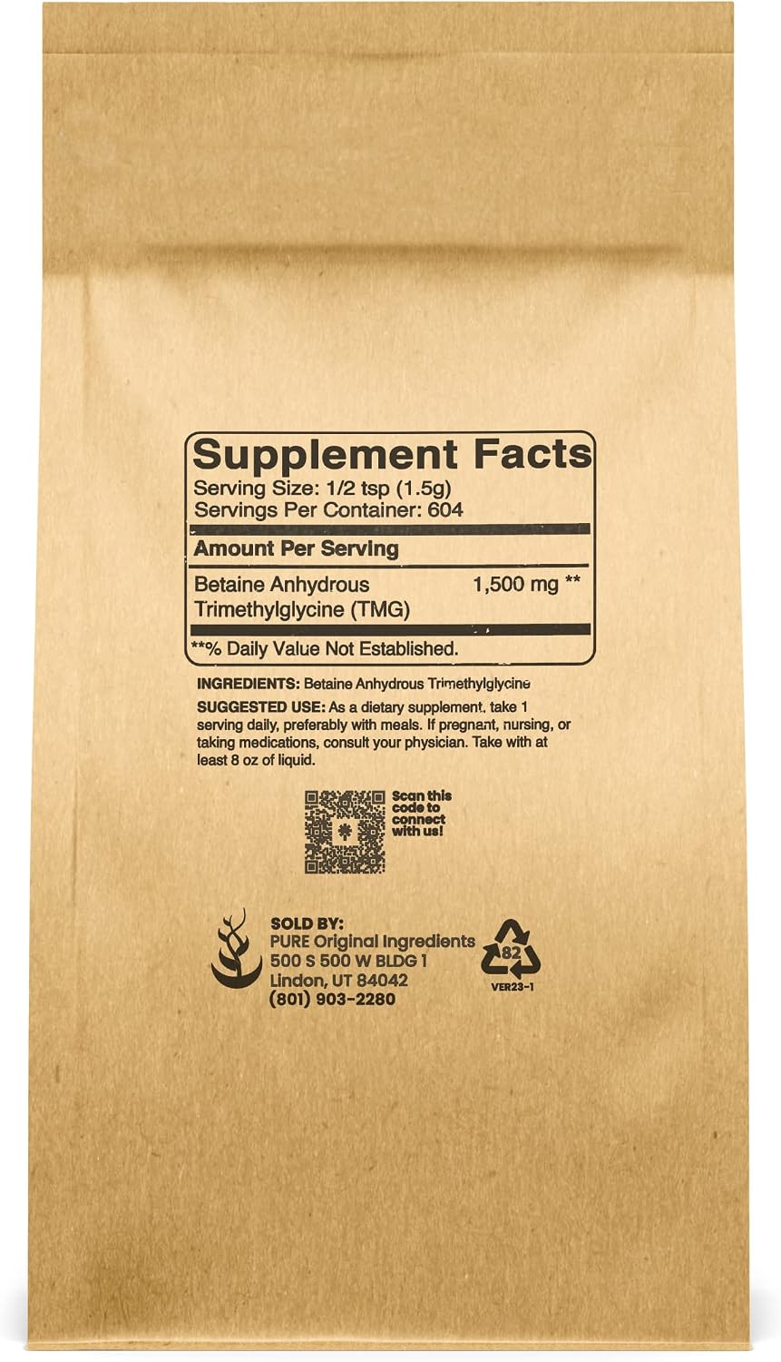 PURE ORIGINAL INGREDIENTS Trimethylglycine (907g / 2lb) TMG Powder, Vegan and Gluten-Free - görsel 2