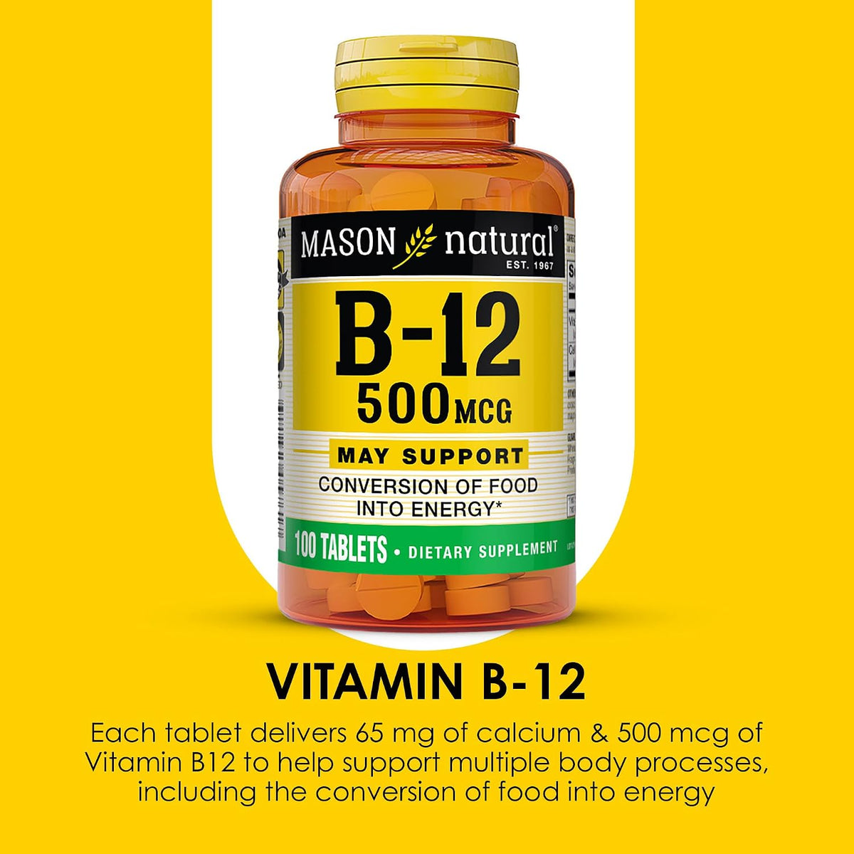 MASON NATURAL Vitamin B12 500 mcg with Calcium, 100 Tablets (Pack of 3) - görsel 4