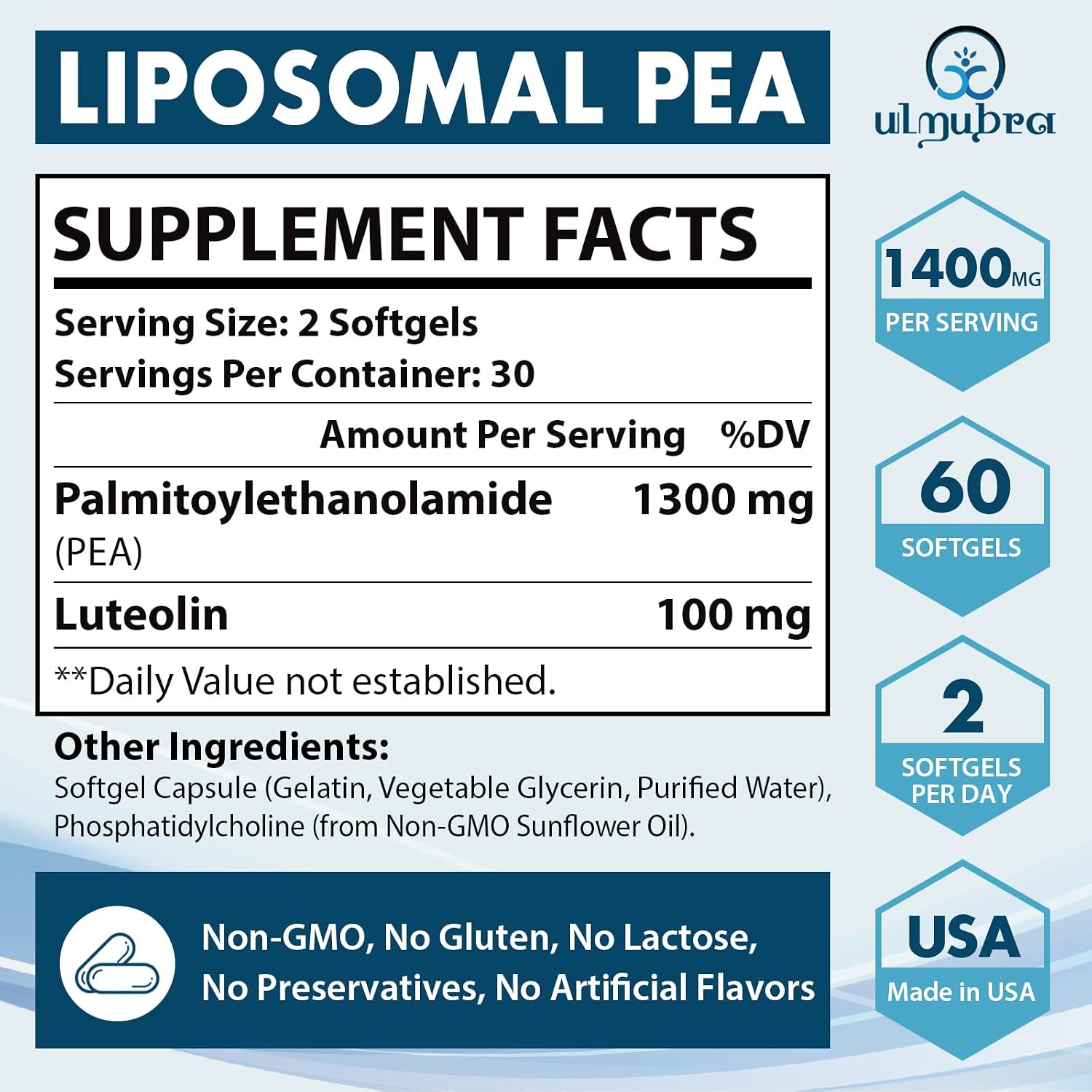 Ulmubra Liposomal Palmitoylethanolamide 1300 mg Plus Luteolin 100 mg - 60 Softgels - görsel 4