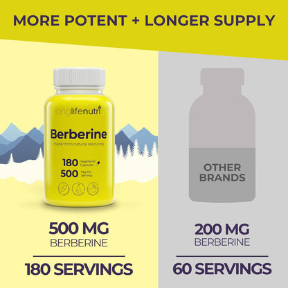 Berberine 500mg HCl Extract – from Berberis Aristata Vulgaris, 180 Vegetarian Capsules, Traditional Digestive Supplement for General Wellness, 6-Month Supply, Non-GMO, 1000mg per Serving, GMP Certified, USA-made
