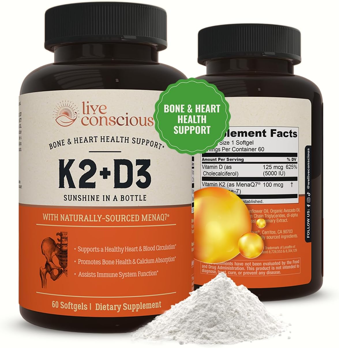 Live Conscious Vitamin K2 MK-7 with Vitamin D3 5000 IU - Bone & Heart Health Support, 2-Pack - görsel 8