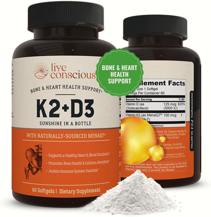 Live Conscious Vitamin K2 MK-7 with Vitamin D3 5000 IU - Bone & Heart Health Support, 2-Pack