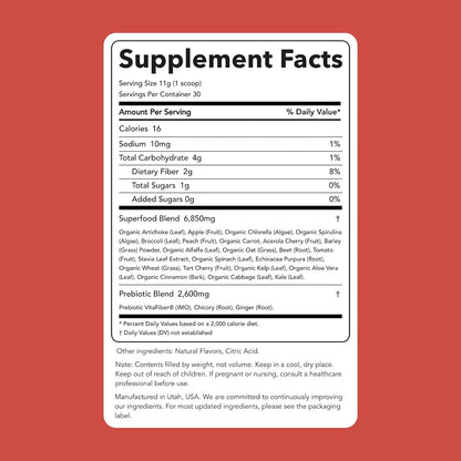 Clean Simple Eats Super Greens Powder, Naturally Flavoured Greens Powder with Chlorella, Spirulina, Superfoods & Prebiotic Fibre, No Artificial Ingredients, Gluten-free, Peachy Greens Flavour, 30 Servings