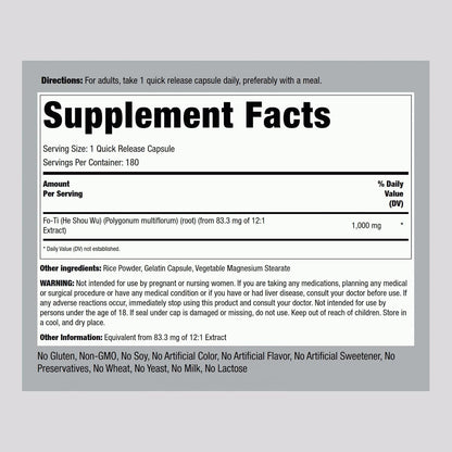Piping Rock Fo-Ti Root Extract – 180 Capsules | He Shou Wu Supplement