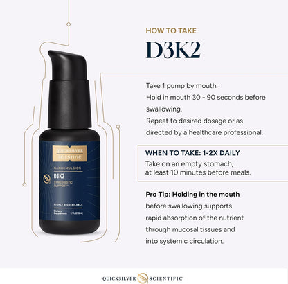 Quicksilver Scientific Nanoemulsified D3K2 - Liquid Vitamin D3 + K2 MK7, 2500 IU D3, 90 mcg K2, 50 ml
