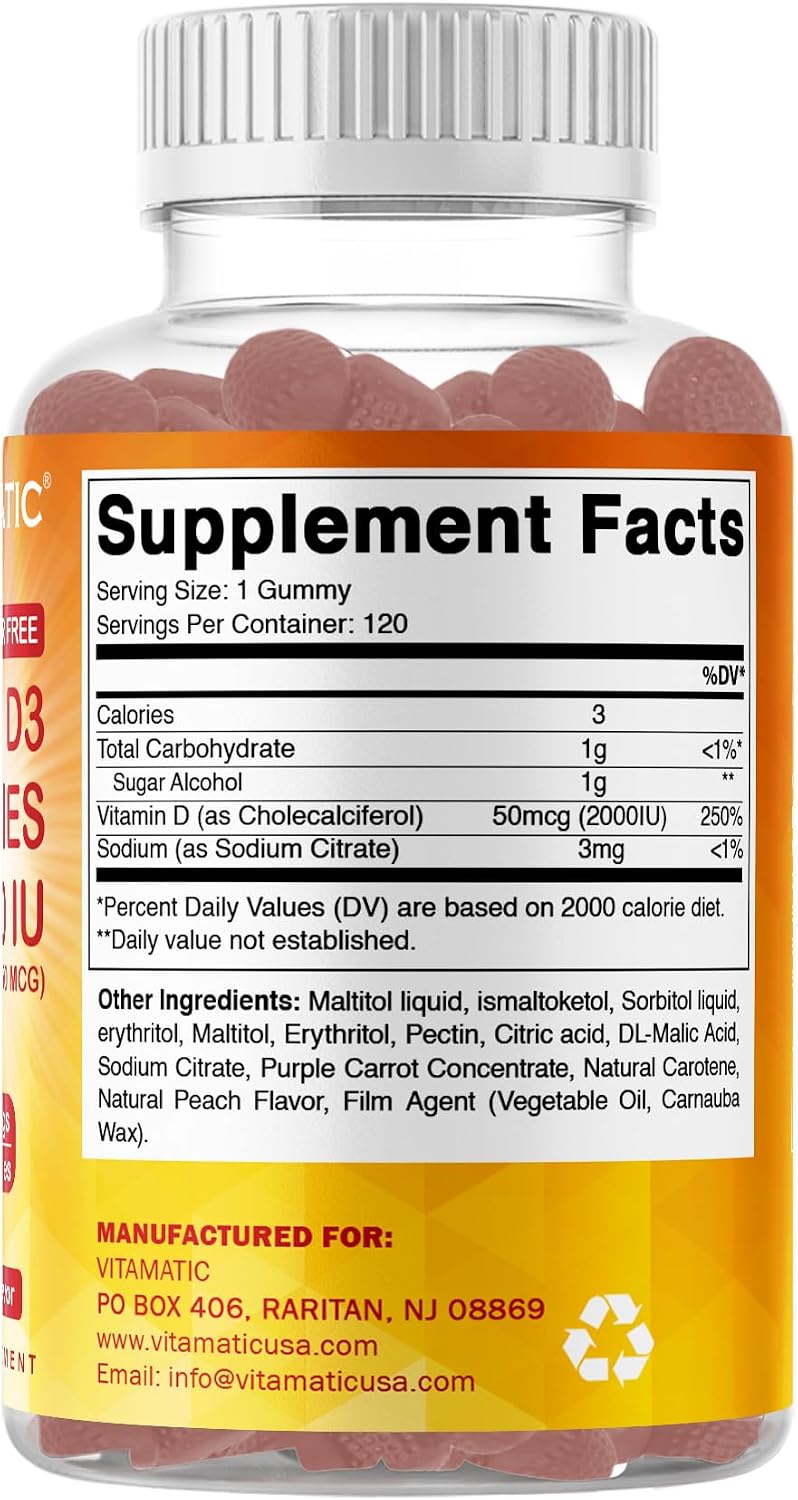 Vitamatic Sugar Free Vitamin D3 2000 IU Gummies - Peach Flavour, 120 Count - görsel 8