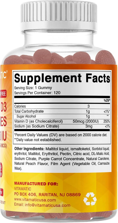 Vitamatic Sugar Free Vitamin D3 2000 IU Gummies - Peach Flavour, 120 Count