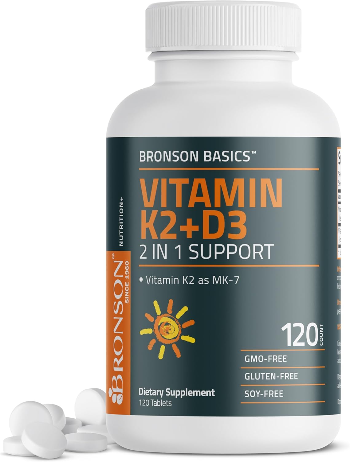 Bronson Vitamin K2 D3 (MK7) Supplement Non-GMO Formula Vitamin D3 5000 IU (125 mcg) & 90 mcg K2 MK-7, Easy to Swallow D & K Complex, 120 Tablets - görsel 1
