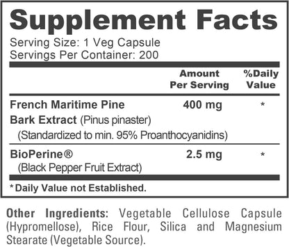 NusaPure French Maritime Pine Bark Extract 400mg - 200 Veggie Capsules with Bioperine, Non-GM, Vegan