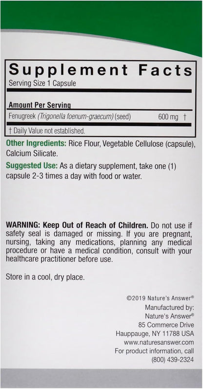 Nature's Answer Fenugreek Seed Supplement – Traditionally Used for Wellness – Non-GMO, Gluten-Free & Vegan (90 Capsules)