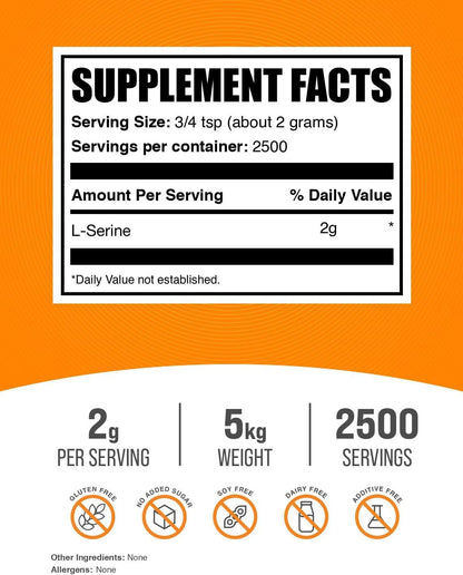 BulkSupplements.com L-Serine Powder - 2g per Serving, Unflavoured & Gluten-free, 1kg (Pack of 5)