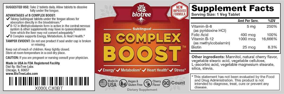 BioTree Labs Vitamin B12 Sublingual B-Complex with Methylcobalamin, B6, Biotin & Folic Acid – Cherry Flavour, 90 Tablets - görsel 2