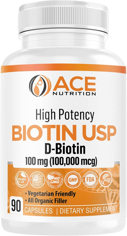Ace Nutrition High Potency Biotin 100,000 mcg – D-Biotin USP, Vegetarian Capsules for Hair, Skin and Myelin Health – 90 Count