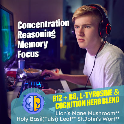 Focus Memory & Energy Gummies - L-Tyrosine + Methyl B12 1000 µg, B6 50mg, D3 C, Lion's Mane Mushroom - Sugar Free