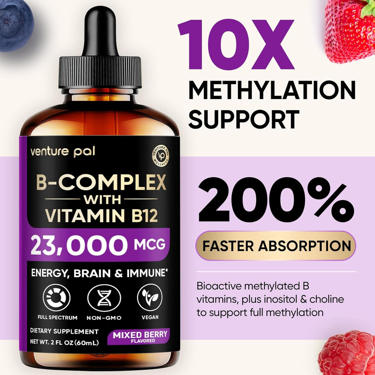Venture Pal Vitamin B Complex Liquid Drops, B12 Methylcobalamin | B9 Folic | B1,B2,B3,B5,B6,B7 - Vitamin C, Choline, Inositol, Immune & Energy Metabolism, Brain & Heart Support - görsel 3