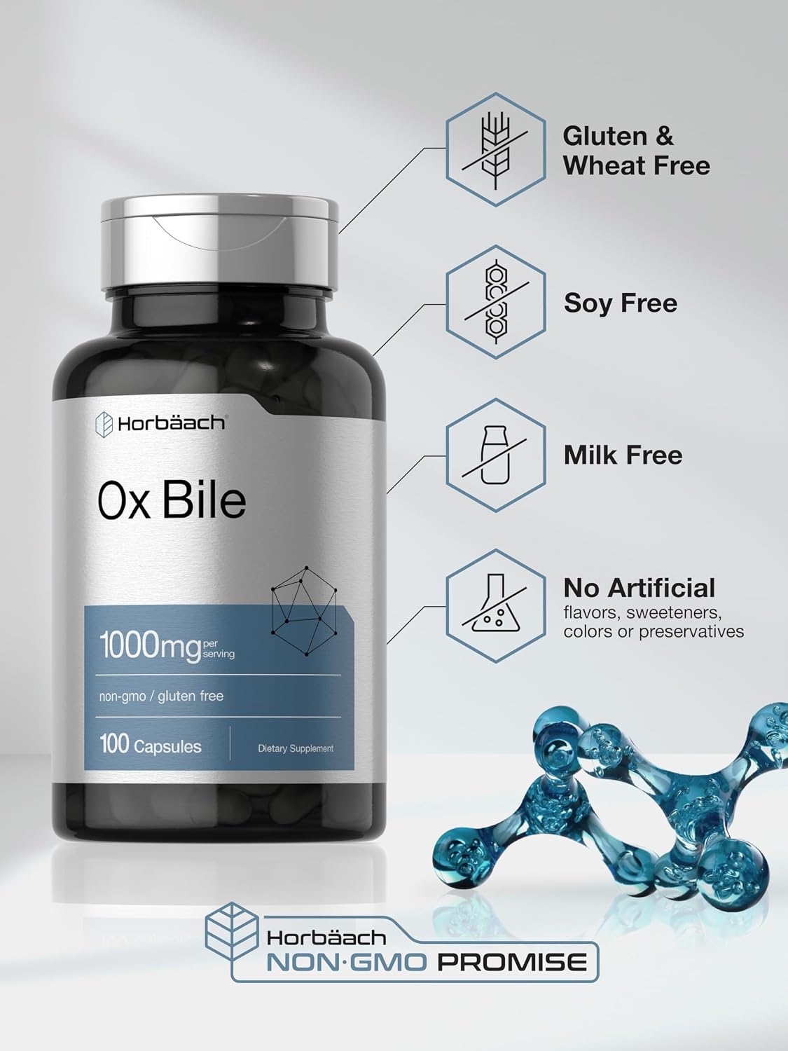 Horbäach Ox Bile Supplement | 1000mg | 100 Capsules | Digestive Enzymes | Non-GMO & Gluten-Free - görsel 5