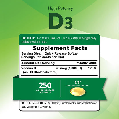 Nature's Truth D3 1000 IU | 250 Softgels | Essential Vitamin D | Non-GMO & Gluten-Free Supplement