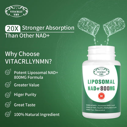NAD+ Supplement Liposomal NAD+ Plus 800MG Nicotinamide Riboside Alternative for Cell Energy, Healthy Ageing and Muscle Repair 60 Capsules