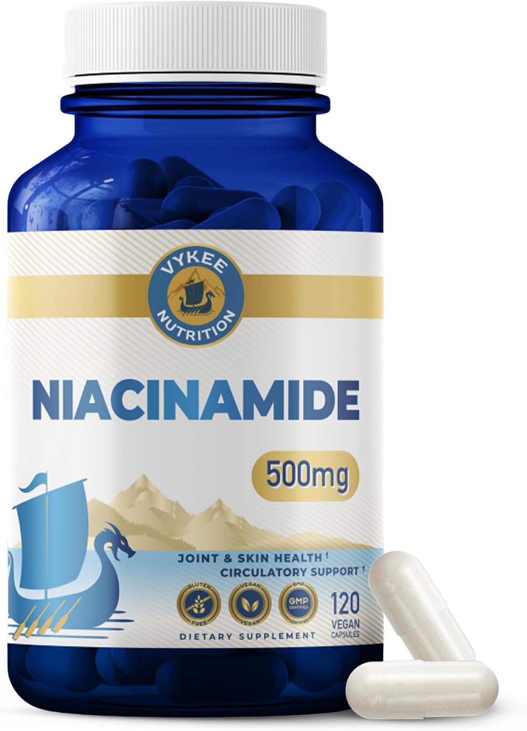Vykee Nutrition Niacinamide Capsules - Vitamin B3 Supplement for Skin Health and Energy Metabolism - Vegan, Non-GMO, Gluten-free - 500 mg, 120 Count - görsel 1