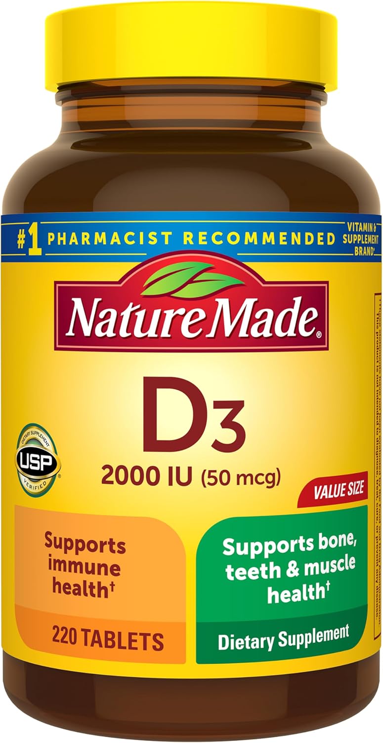 Nature Made Vitamin D3 2000 IU (50 mcg), Vitamin D Supplement for Bone, Muscle and Immune Health Support, 220 Tablets - görsel 1