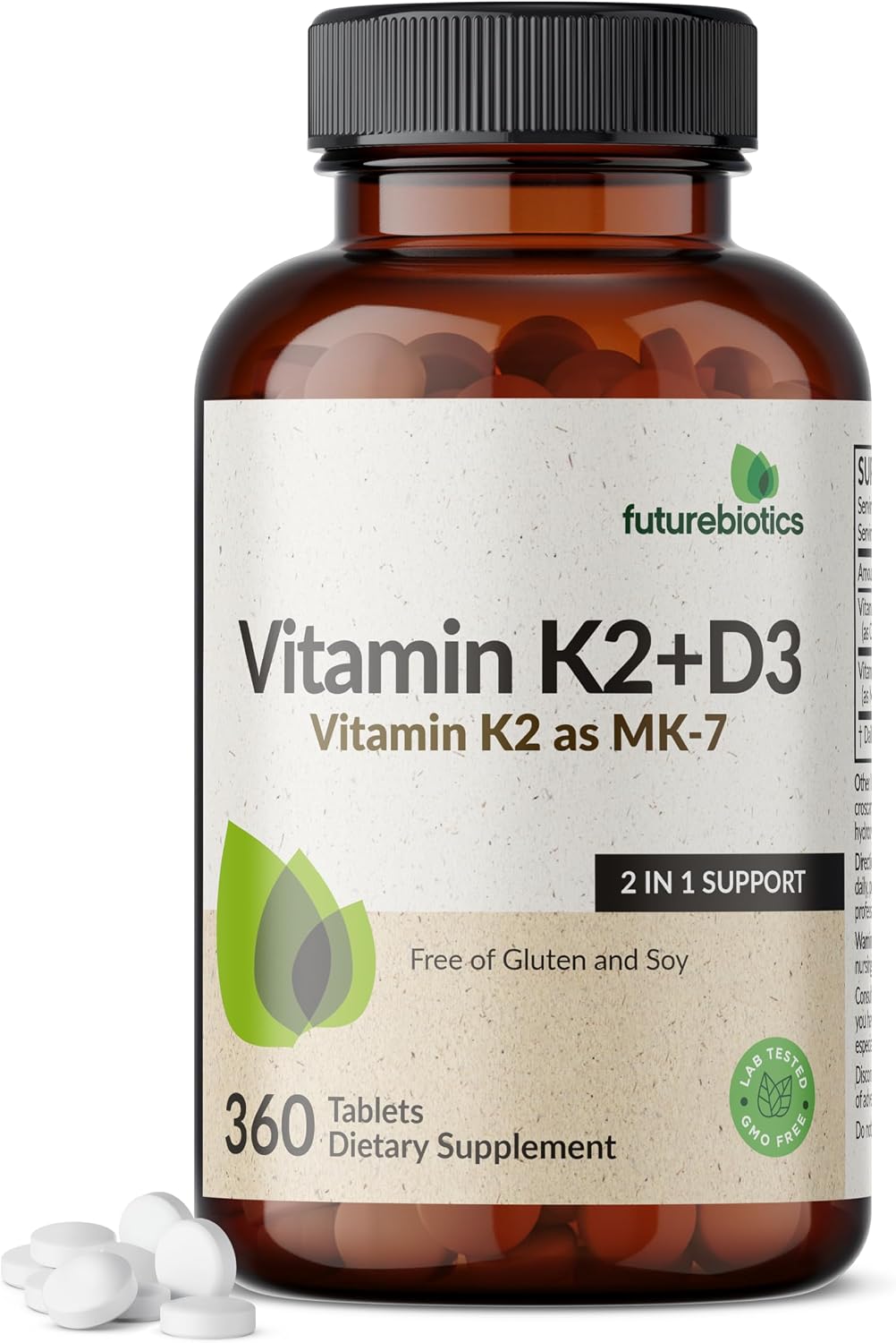Futurebiotics Vitamin K2 with D3, 2 in 1 Support, 5000 IU Vitamin D3 & 90 mcg Vitamin K2 MK-7 Non-GMO, 360 Tablets - görsel 1