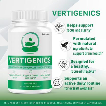 Vertigenics Brain Health Support Supplement – All Natural Formula, 60 Capsules