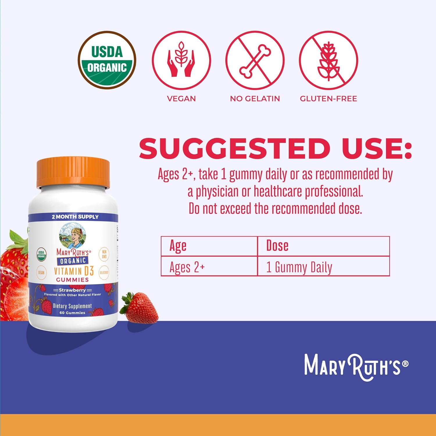 MARYRUTH'S Organic Vitamin D3 Gummies | 1000 IU | USDA Organic | Immune Support | Bone Health | Muscle Function | for Adults & Kids Ages 2+ | Vegan | Gluten-free | 2 Month Supply | 60 Count - görsel 3