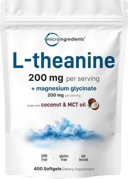 Micro Ingredients L-Theanine 200mg with Magnesium Glycinate – 400 Soft gel capsules