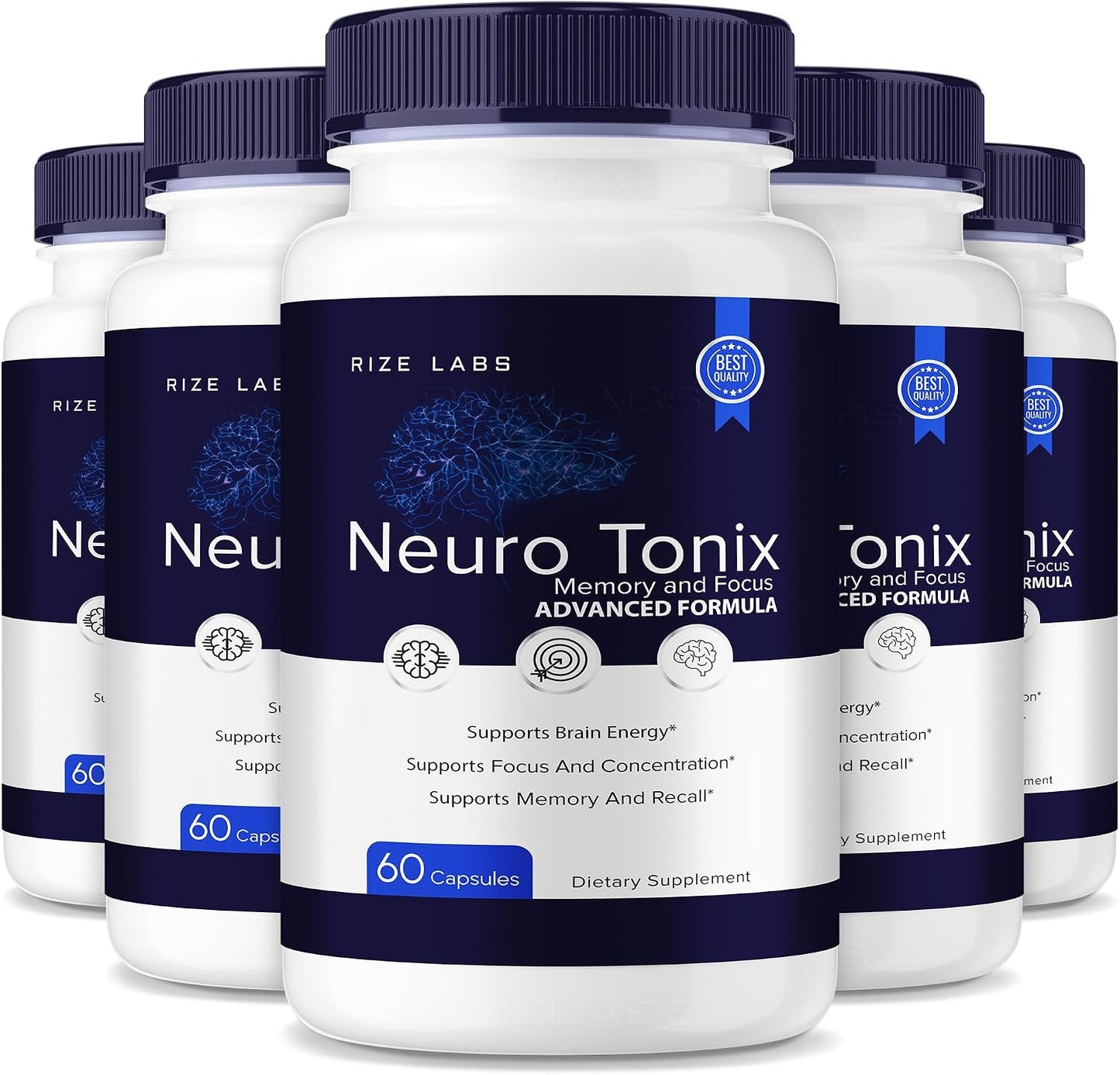 rize labs Neuro Tonix Capsules for Memory and Focus, Advanced Formula Boosts Concentration and Clears Brain Fog - Pack of Five (300 Capsules) - görsel 1