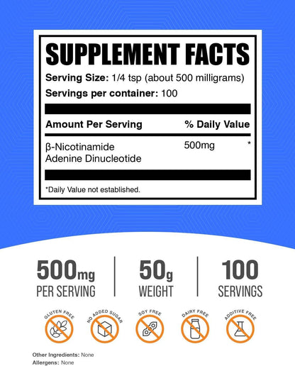 BulkSupplements.com NAD Powder - Nicotinamide Adenine Dinucleotide 500mg - Energy Support, 50g