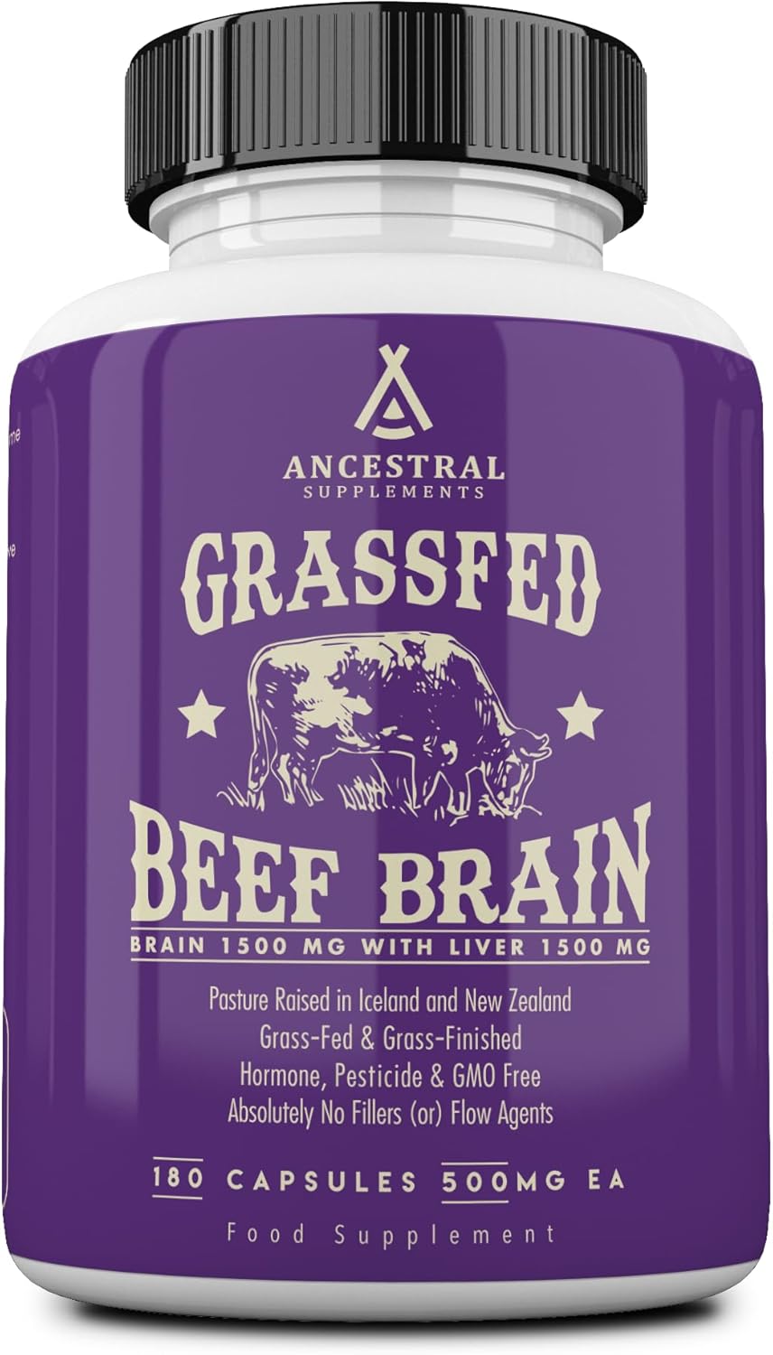 Ancestral Supplements Grass Fed Beef Brain Supplement with Beef Liver, 180 Capsules - görsel 1