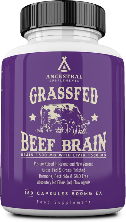 Ancestral Supplements Grass Fed Beef Brain Supplement with Beef Liver, 180 Capsules