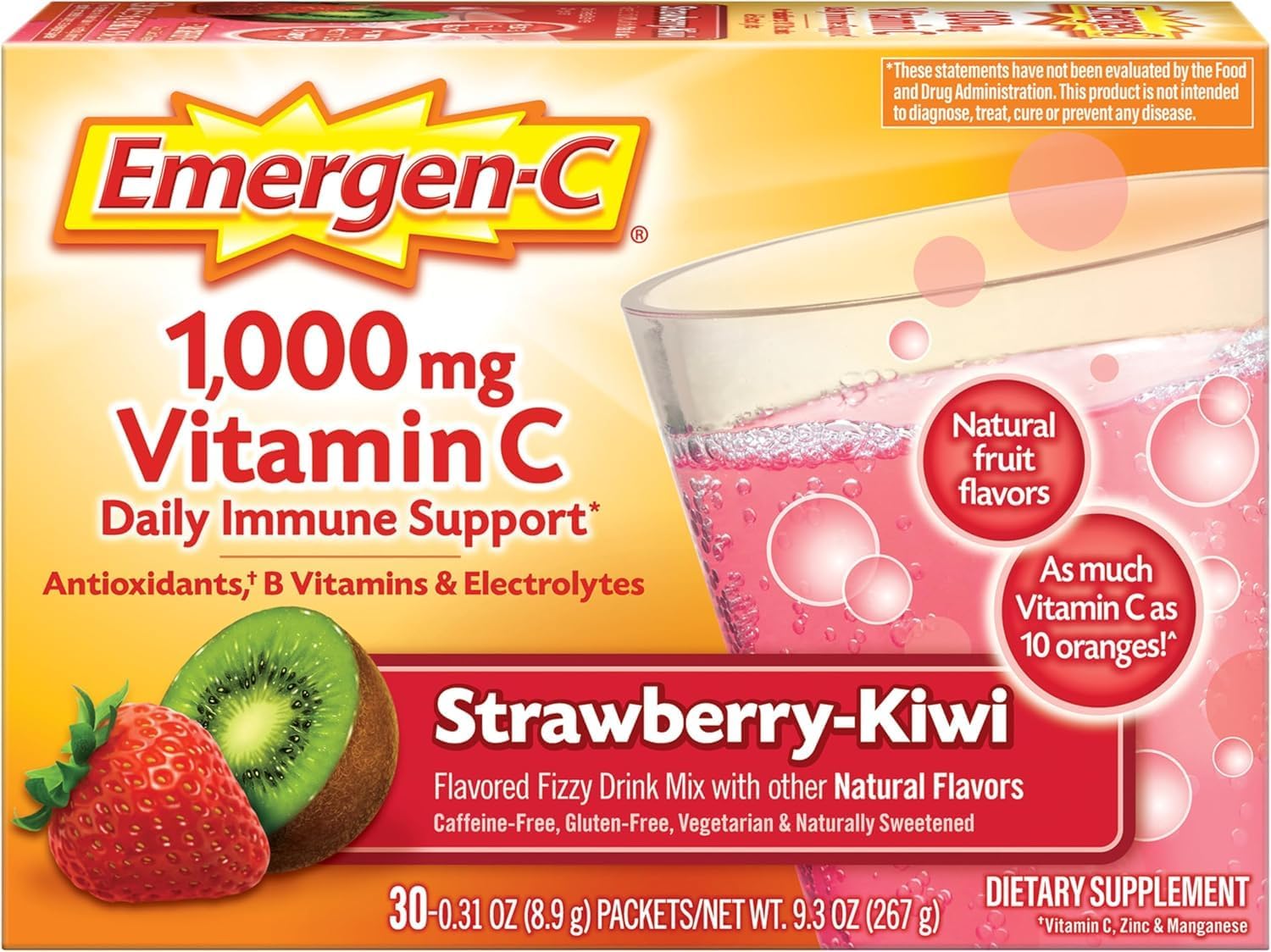 Emergen-C 1000mg Vitamin C Powder, Strawberry Kiwi Flavour, Antioxidants, B Vitamins and Electrolytes, 30 Sachets (Pack of 2) - görsel 3