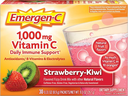 Emergen-C 1000mg Vitamin C Powder, Strawberry Kiwi Flavour, Antioxidants, B Vitamins and Electrolytes, 30 Sachets (Pack of 2)