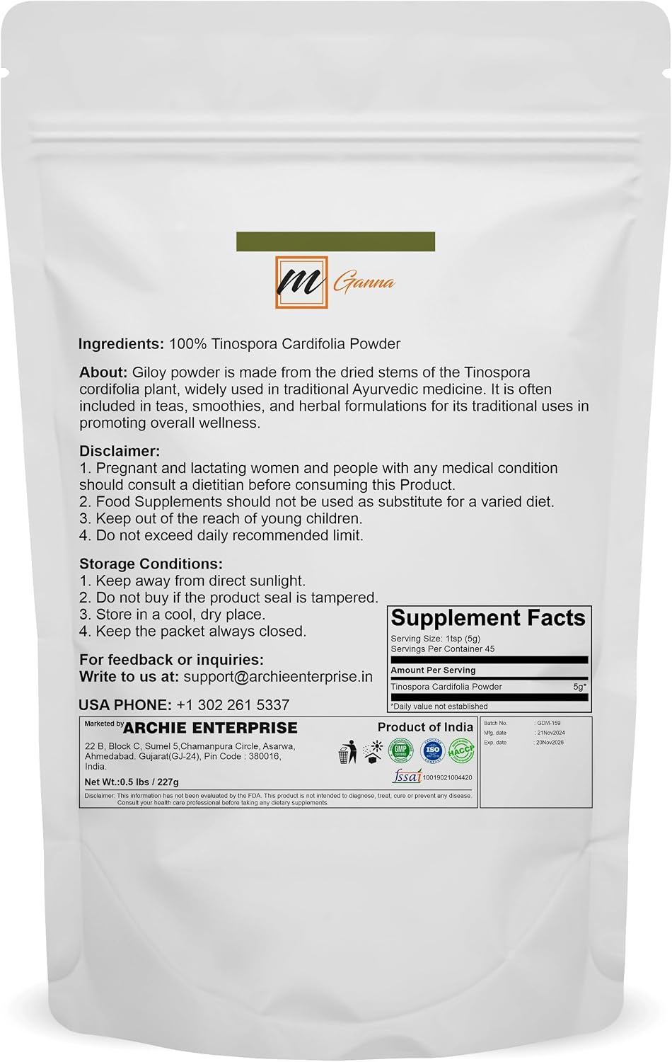 100% Pure and Natural Guduchi (Giloy) Powder - Ayurvedic Supplement (227g) - görsel 2