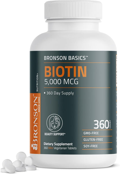 Bronson Biotin 5,000 mcg – High Potency for Healthy Hair, Skin and Nails – 360 Vegetarian Tablets