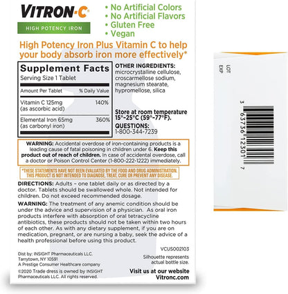 Vitron-C High Potency Iron Supplement with 125 mg Vitamin C, 60 Count | Pack of 2