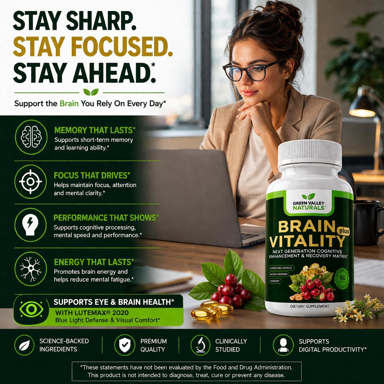 GREEN VALLEY NATURALS Brain Vitality Plus – Brain Health & Cognitive Support with Cognizin Citicoline, Bacopa Monnieri & DHA Omega-3 (60 Soft gel capsules) - görsel 5