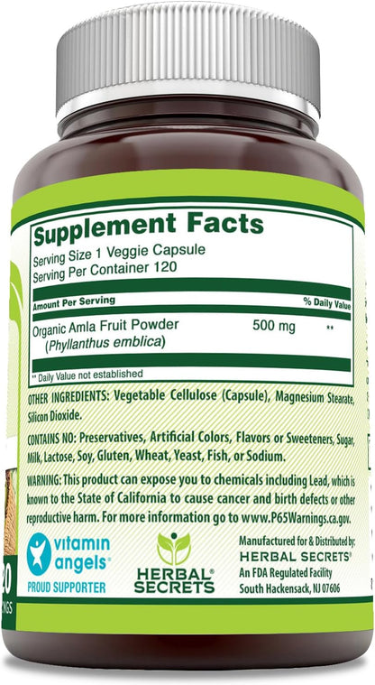 Herbal Secrets Amla Supplement | 500 Mg Per Serving | 120 Veggie Capsules | Made with Natural Amla | Supplement | Non-GMO | Gluten-free | Made in USA