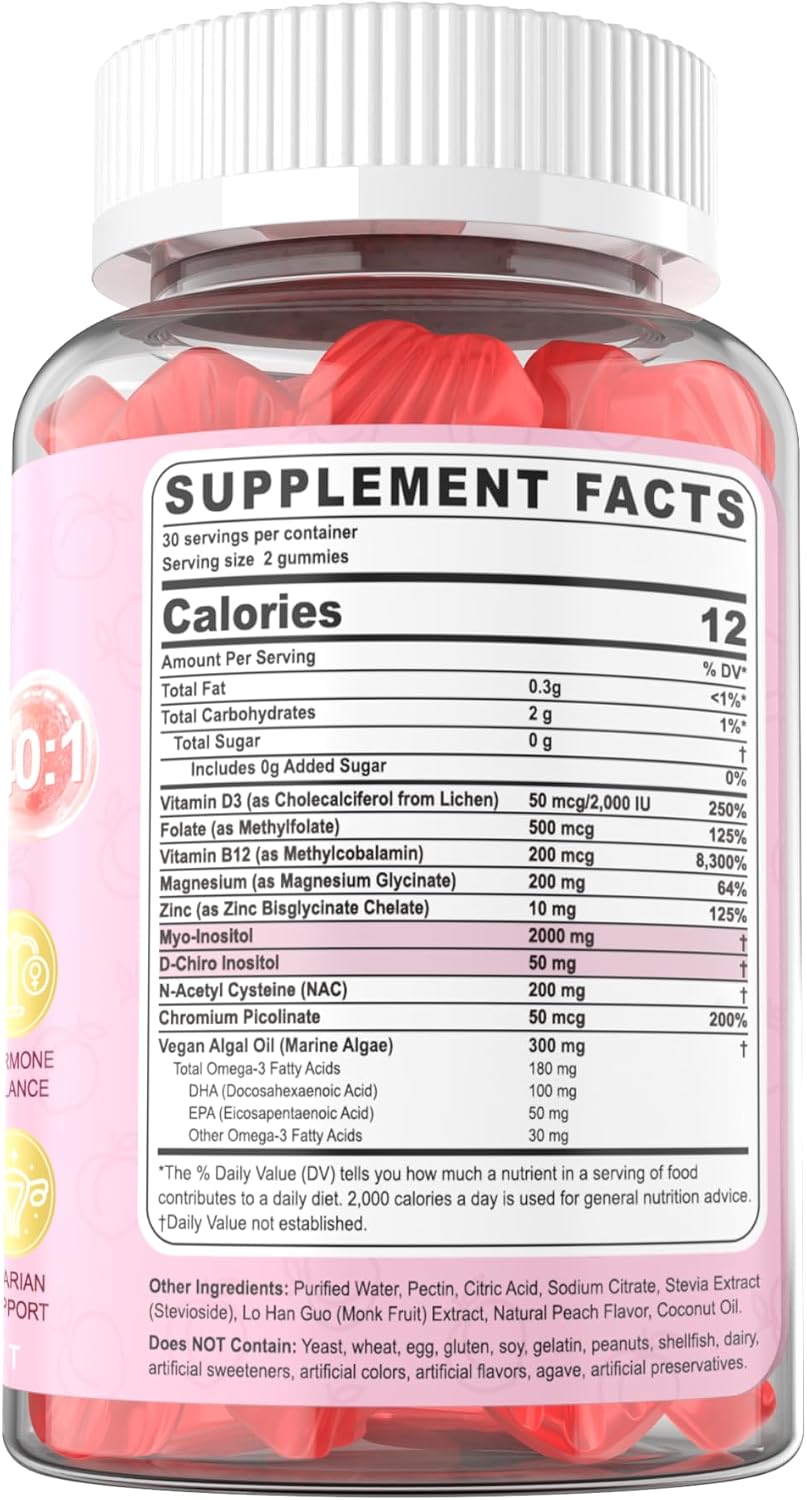 Myo-Inositol & D-Chiro Inositol Gummies for Women 2000mg + 50mg, 40:1 Ratio Inositol with Vegan Omega-3 + D3, Magnesium – Image 8