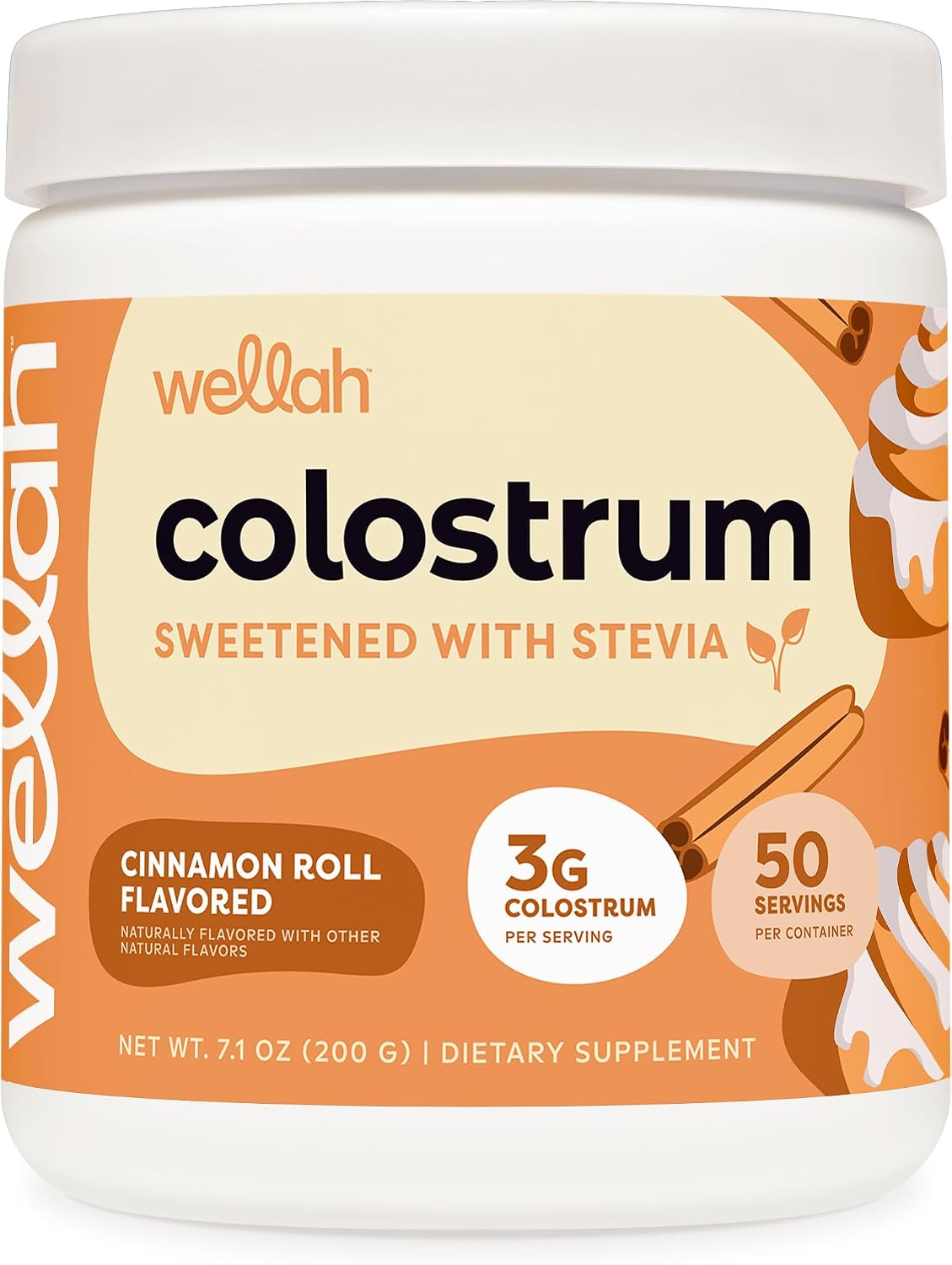 Wellah Colostrum Cinnamon Roll Flavoured (50 Servings) - Sweetened with Stevia, 3g Colostrum Per Serving, Food Supplement - görsel 1