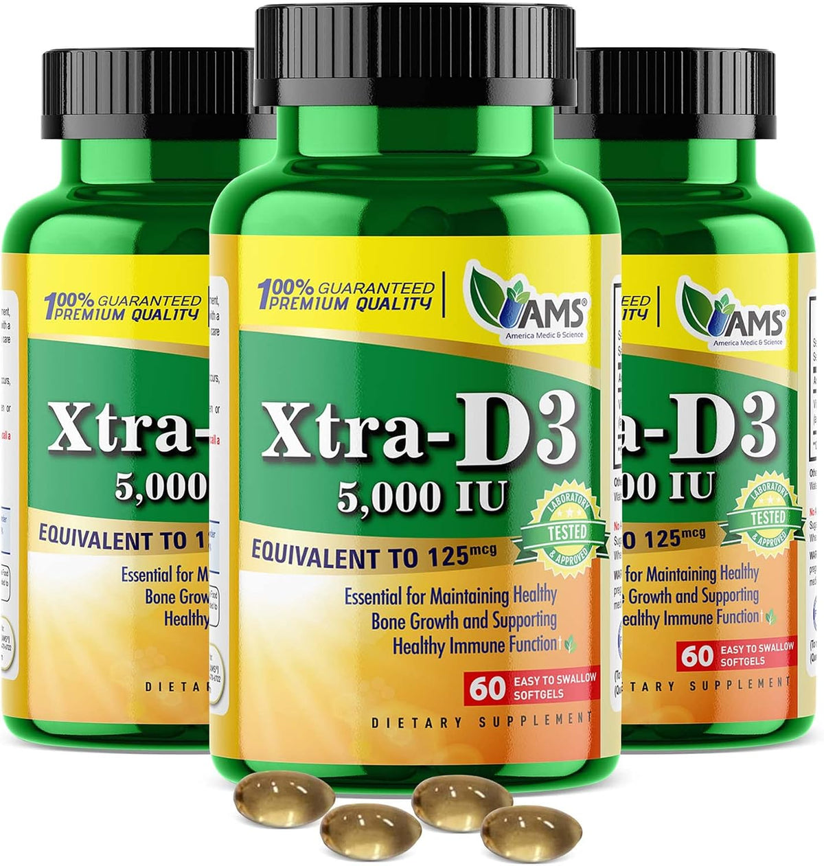 America Medic & Science Xtra D3 Vitamin D 5,000 IU (125 mcg) Cholecalciferol Supplement for Men & Women, 60 Easy to Swallow Softgels - görsel 2