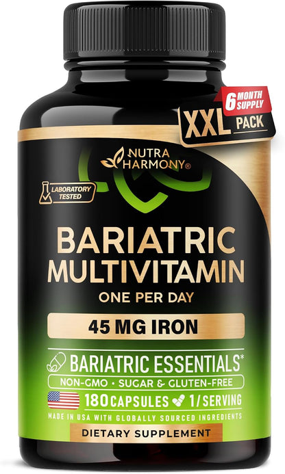 Bariatric Multivitamin - 45 mg Iron Supplements - Lab Tested - for Women & Men - All-in-One, 21 Essential Vitamins - Gastric Sleeve Support - Free of Sugar, Gluten & Soya - 180 Capsules, Once Daily