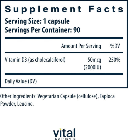Vital Nutrients Vitamin D3 2000 IU – Vitamin D Supplement for Bone and Immune Health – 90 Capsules