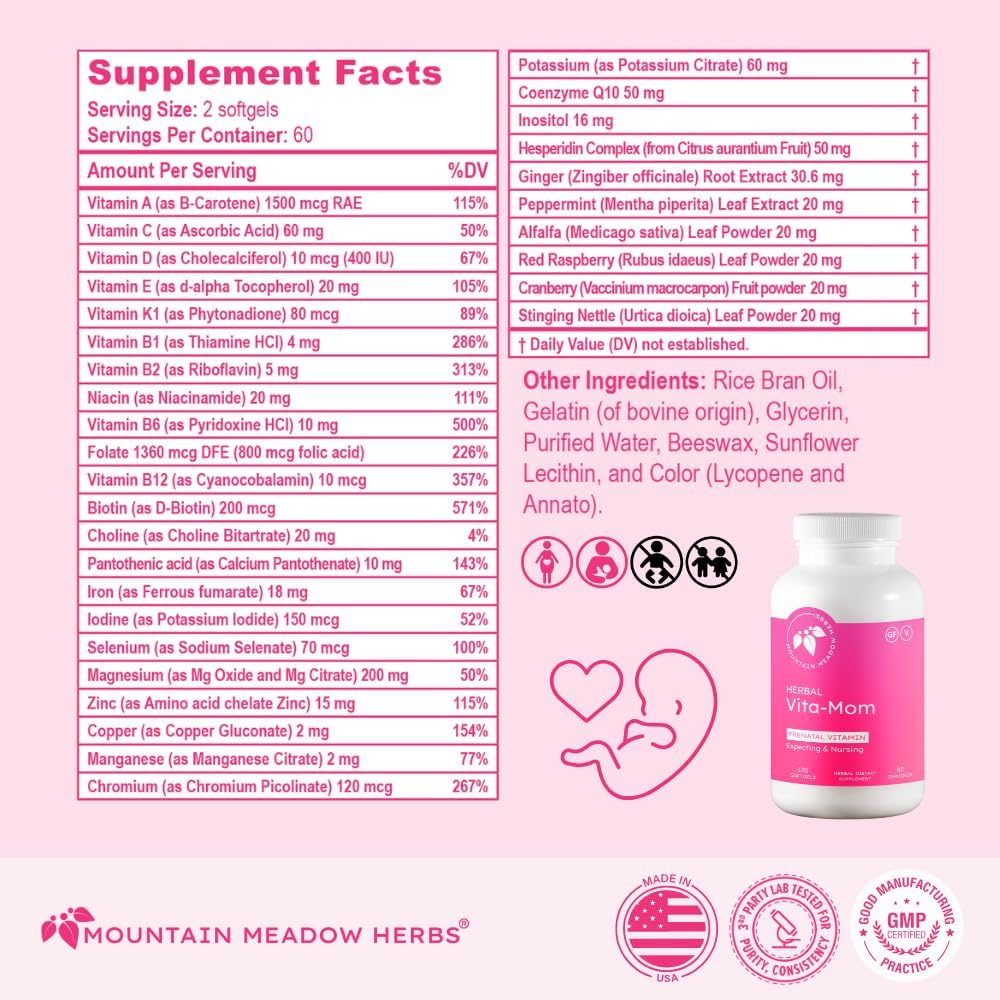 Mountain Meadow Herbal Vita-MOM Prenatal Vitamins – Herbal Food Supplement with 5-MTHF Folate, Iron & Organic Herbs – 120 Softgels (2-Month Supply) - görsel 4