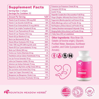 Mountain Meadow Herbal Vita-MOM Prenatal Vitamins – Herbal Food Supplement with 5-MTHF Folate, Iron & Organic Herbs – 120 Softgels (2-Month Supply)